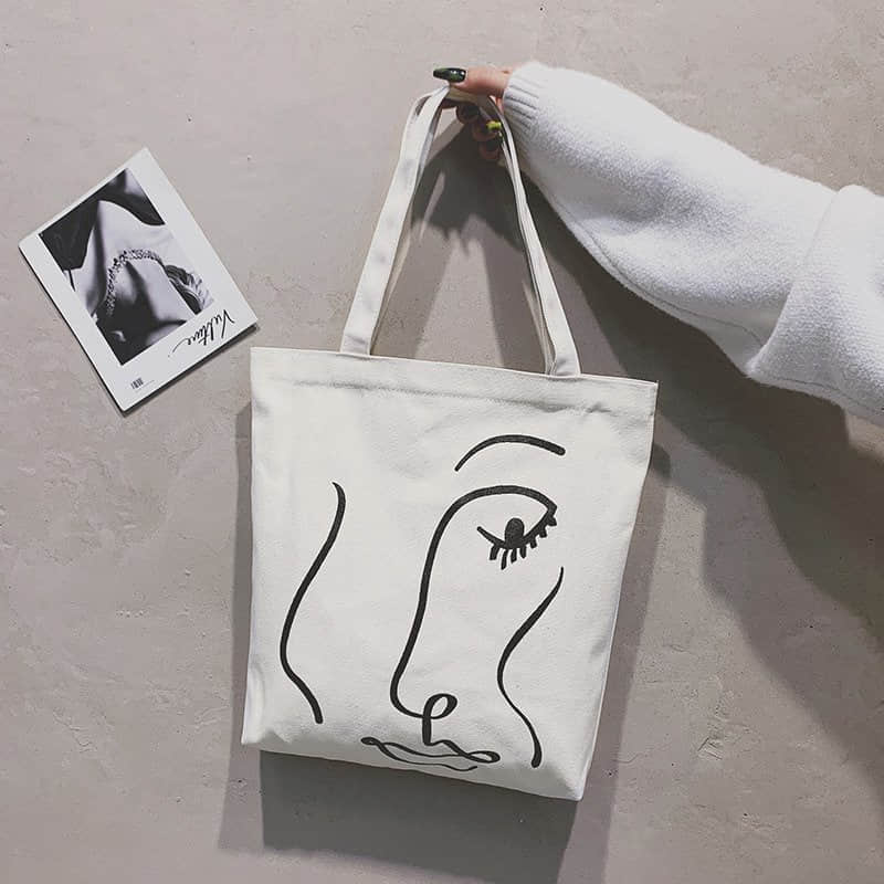 Canvas bag women's single shoulder letter large capacity tote bag White | YonPop