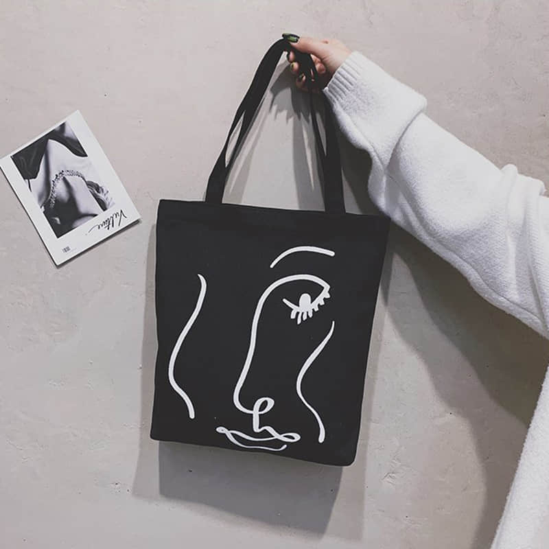 Canvas bag women's single shoulder letter large capacity tote bag Black | YonPop