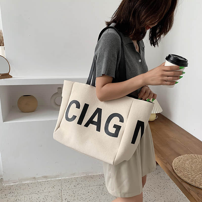 Letter canvas bag women's shoulder bag large capacity tote bag  | YonPop