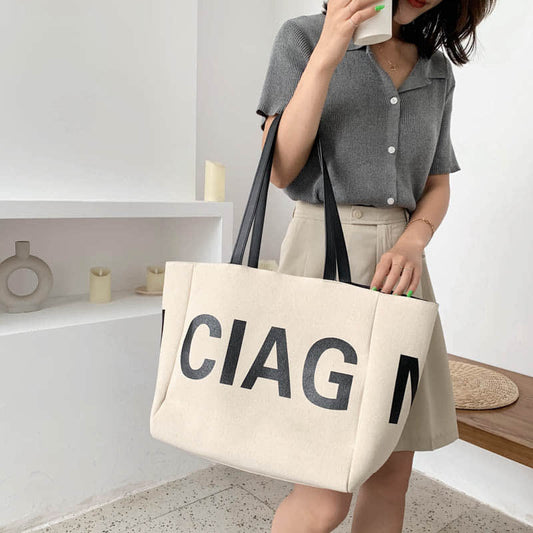 Letter canvas bag women's shoulder bag large capacity tote bag  | YonPop