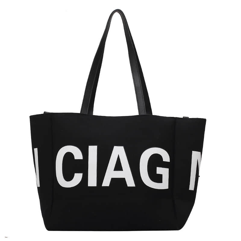 Letter canvas bag women's shoulder bag large capacity tote bag Black | YonPop