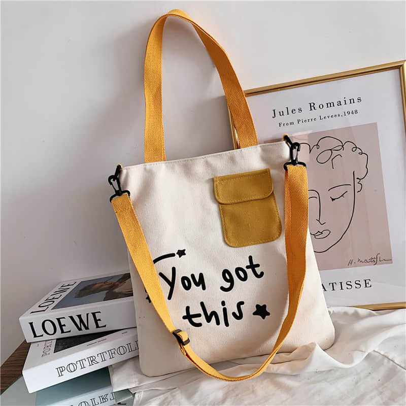 Large-capacity canvas stitching tote bag shoulder bag White | YonPop