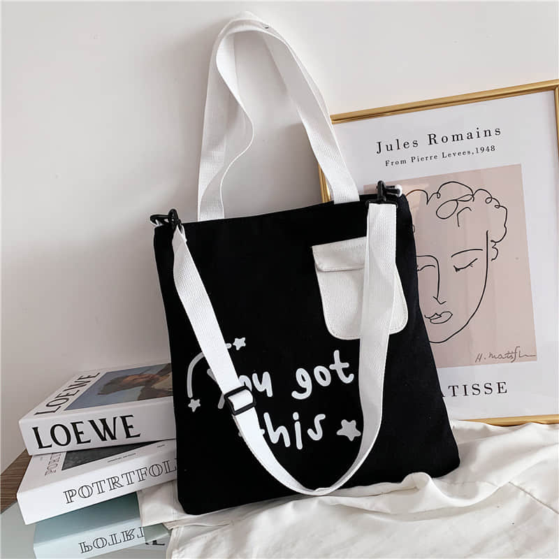 Large-capacity canvas stitching tote bag shoulder bag Black | YonPop