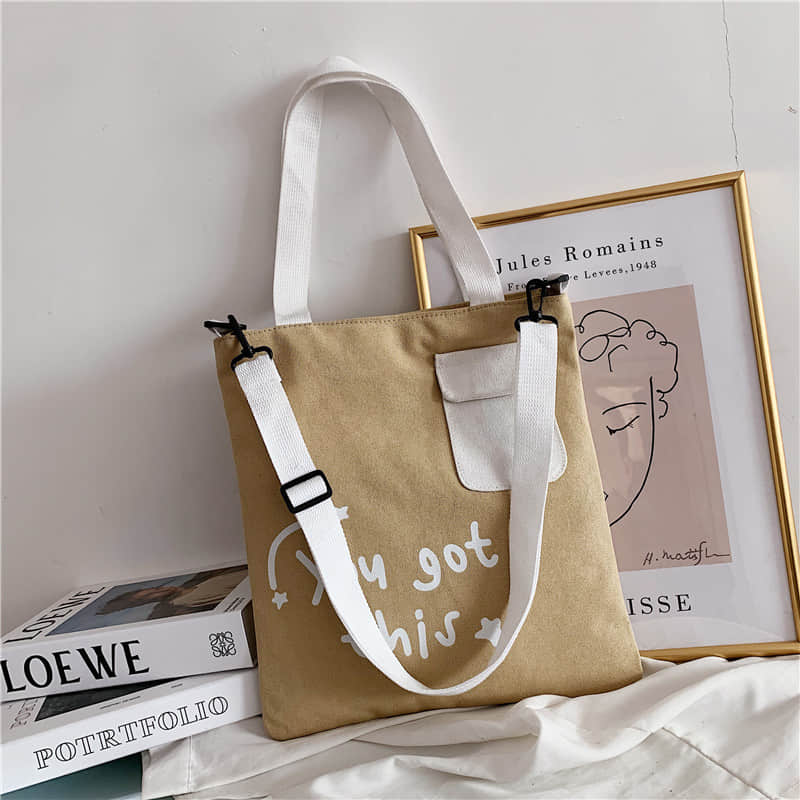 Large-capacity canvas stitching tote bag shoulder bag khaki | YonPop