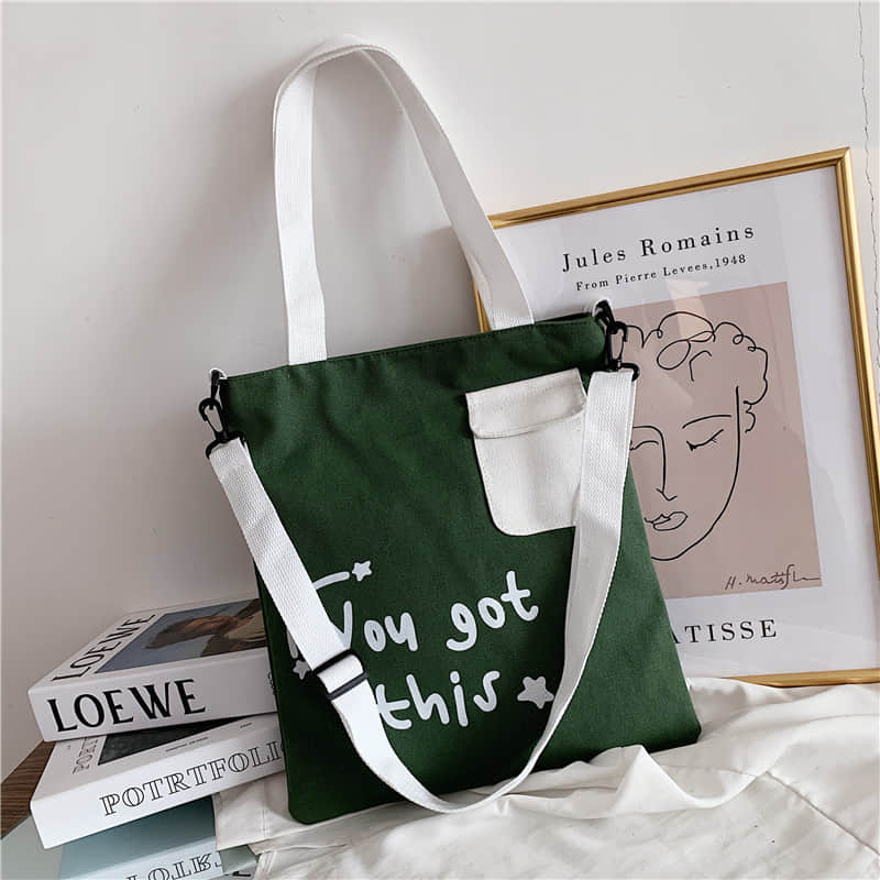 Large-capacity canvas stitching tote bag shoulder bag DarkGreen | YonPop