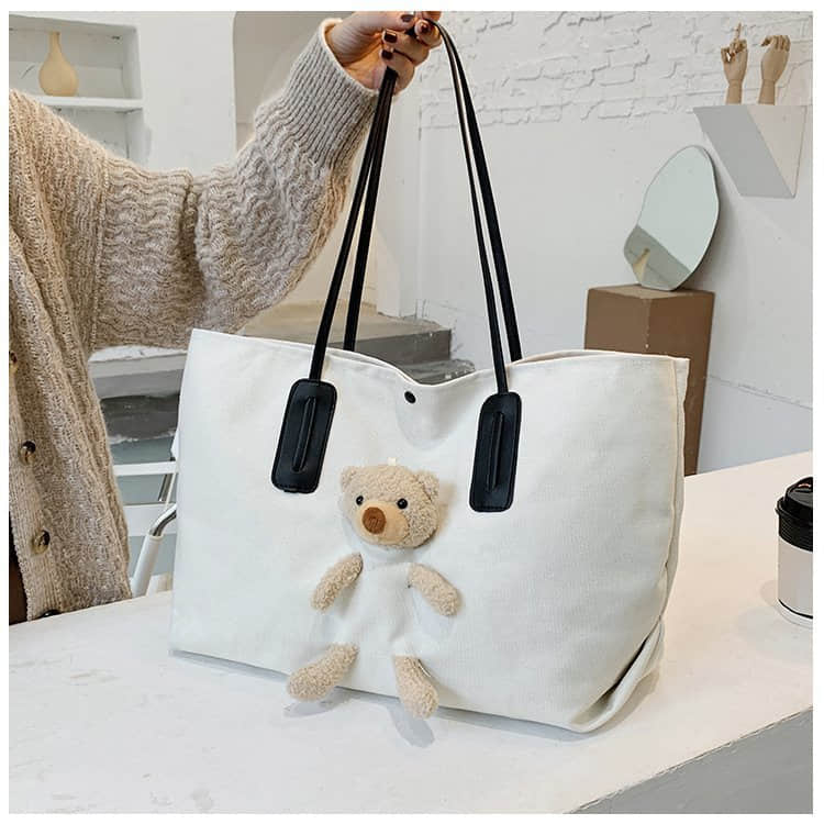 Cute bear large capacity canvas bag women's tote bag White | YonPop