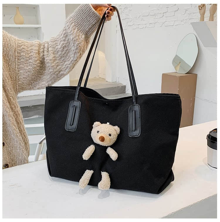Cute bear large capacity canvas bag women's tote bag Black | YonPop