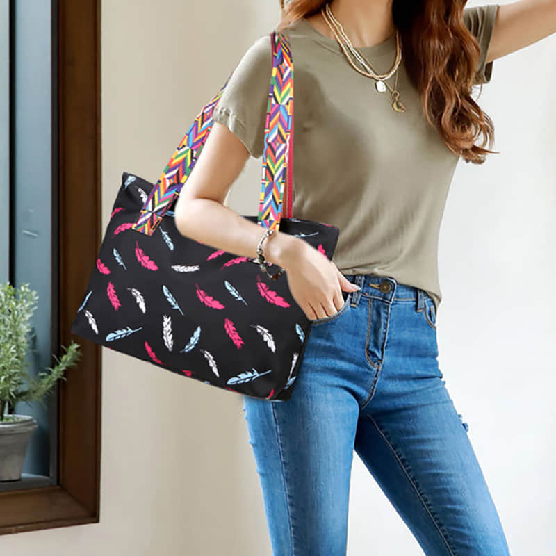 Printed ribbon handbag shopping bag large capacity waterproof Oxford bag  | YonPop