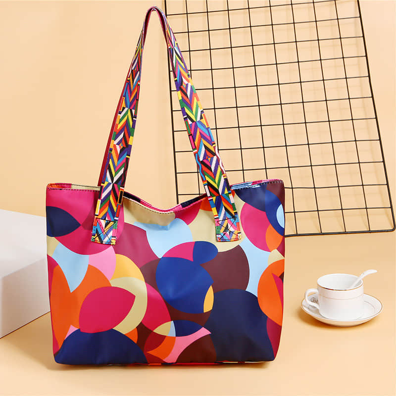 Printed ribbon handbag shopping bag large capacity waterproof Oxford bag Colorful Red | YonPop