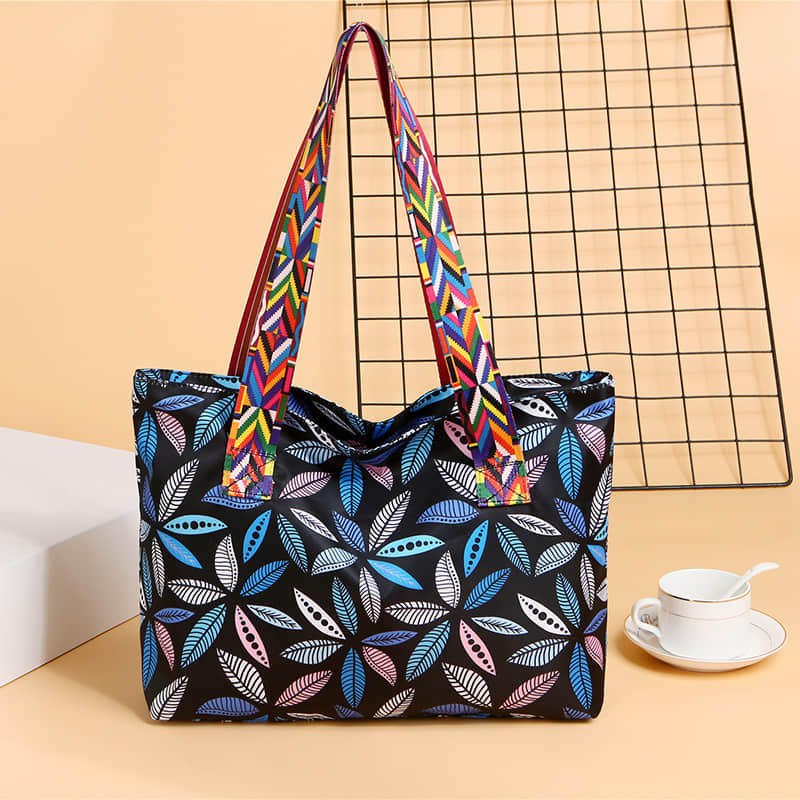 Printed ribbon handbag shopping bag large capacity waterproof Oxford bag Leaf Blue | YonPop