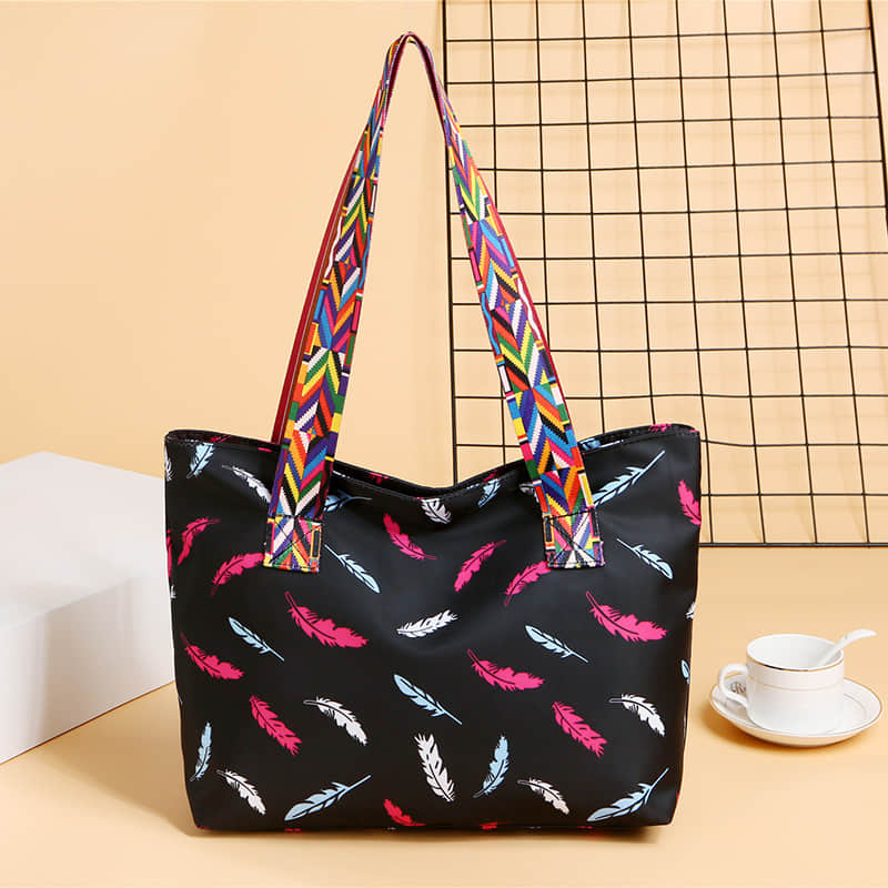 Printed ribbon handbag shopping bag large capacity waterproof Oxford bag Feather Black | YonPop
