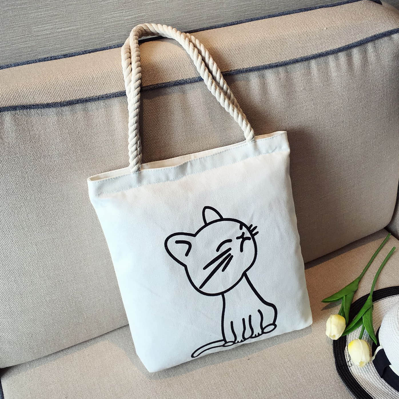 Hemp rope white canvas bag Cute cat | YonPop