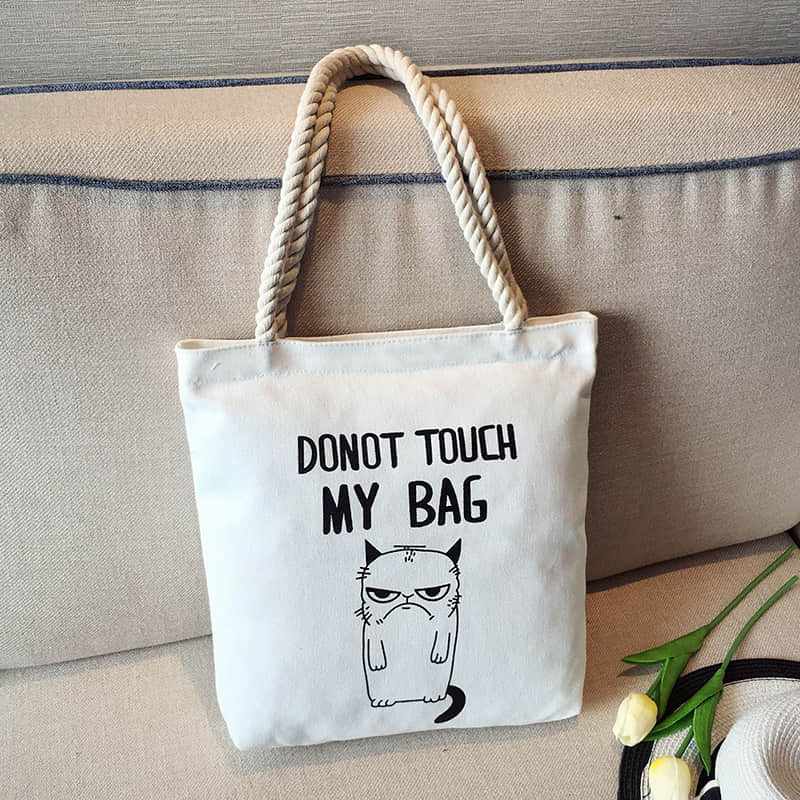 Hemp rope white canvas bag Naughty cat | YonPop