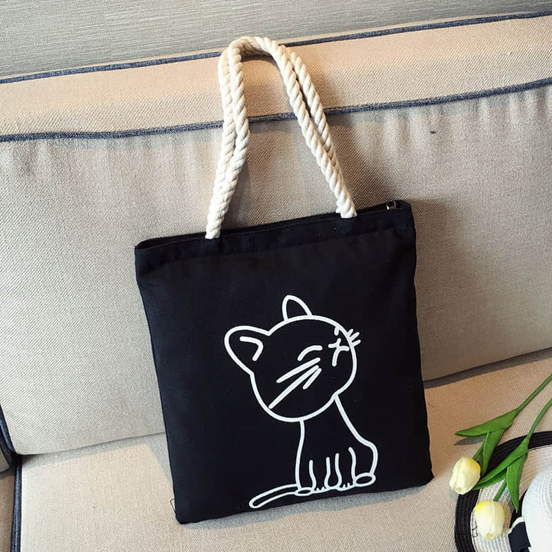 Hemp rope black canvas bag Cute cat | YonPop