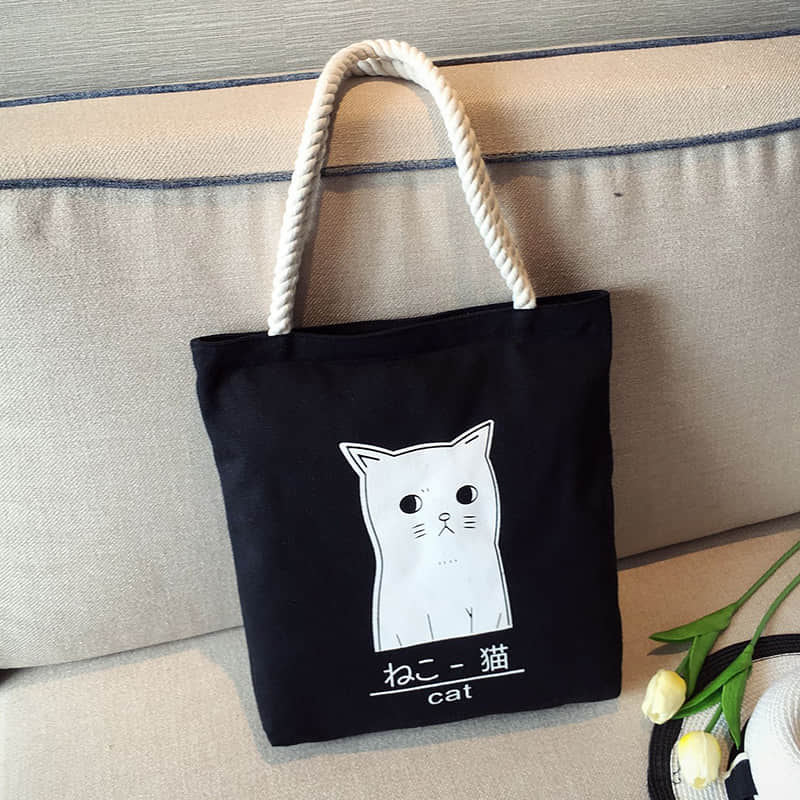 Hemp rope black canvas bag White cat | YonPop