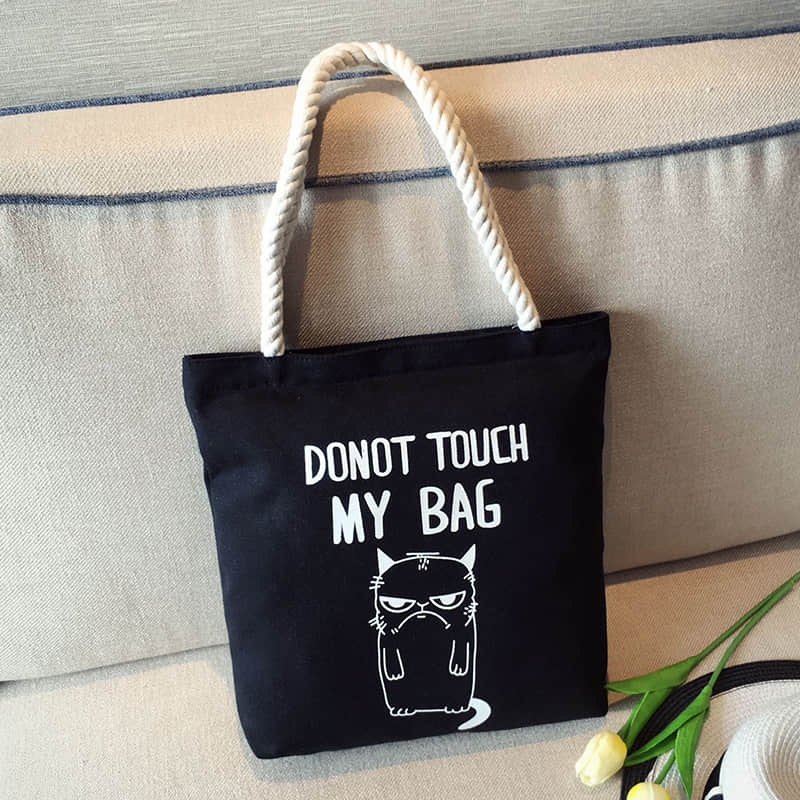 Hemp rope black canvas bag Naughty cat | YonPop