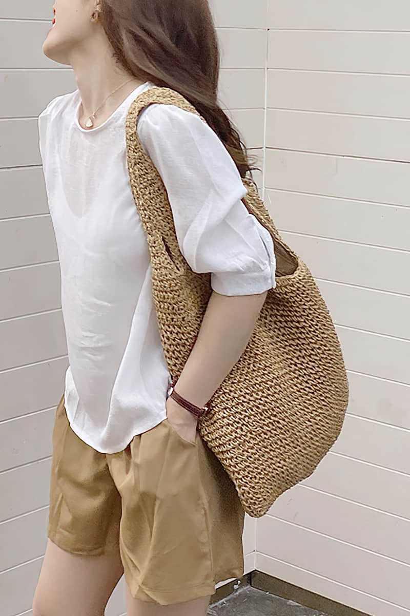 Summer straw woven shoulder bag Brown | YonPop