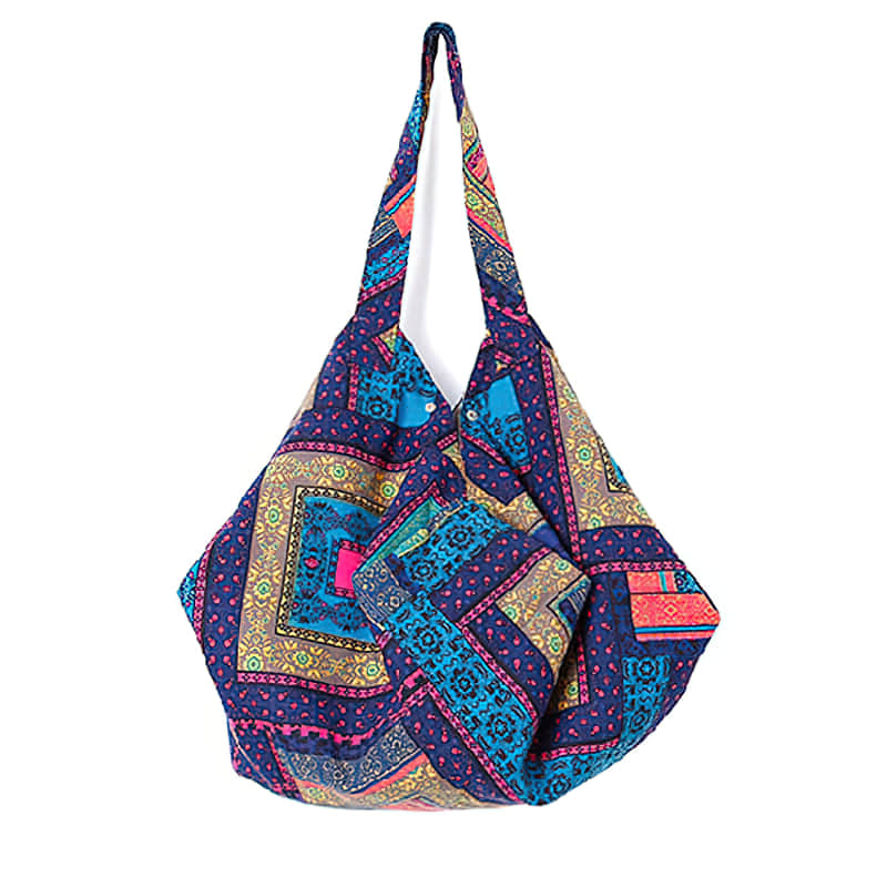 Casual cotton large-capacity patchwork printed shoulder bag Blue | YonPop