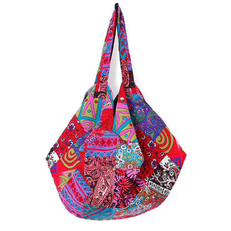 Casual cotton large-capacity patchwork printed shoulder bag Red | YonPop