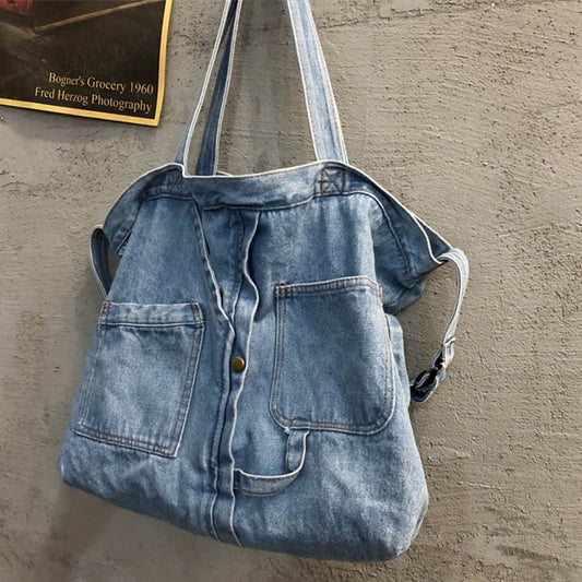 Stitching washed denim bag Blue | YonPop