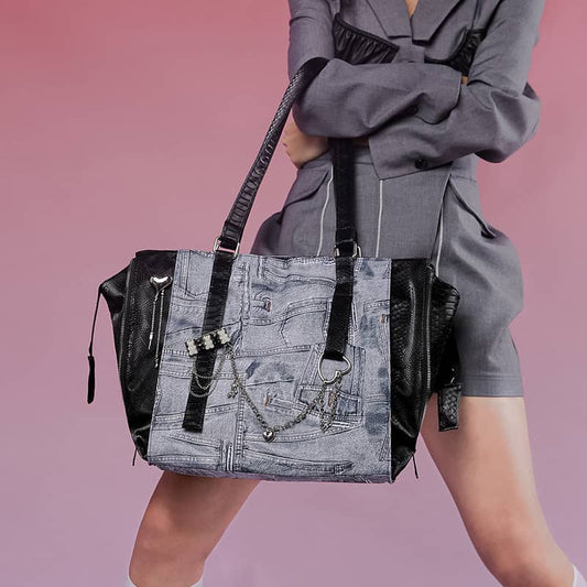 Large-capacity denim print tote bag