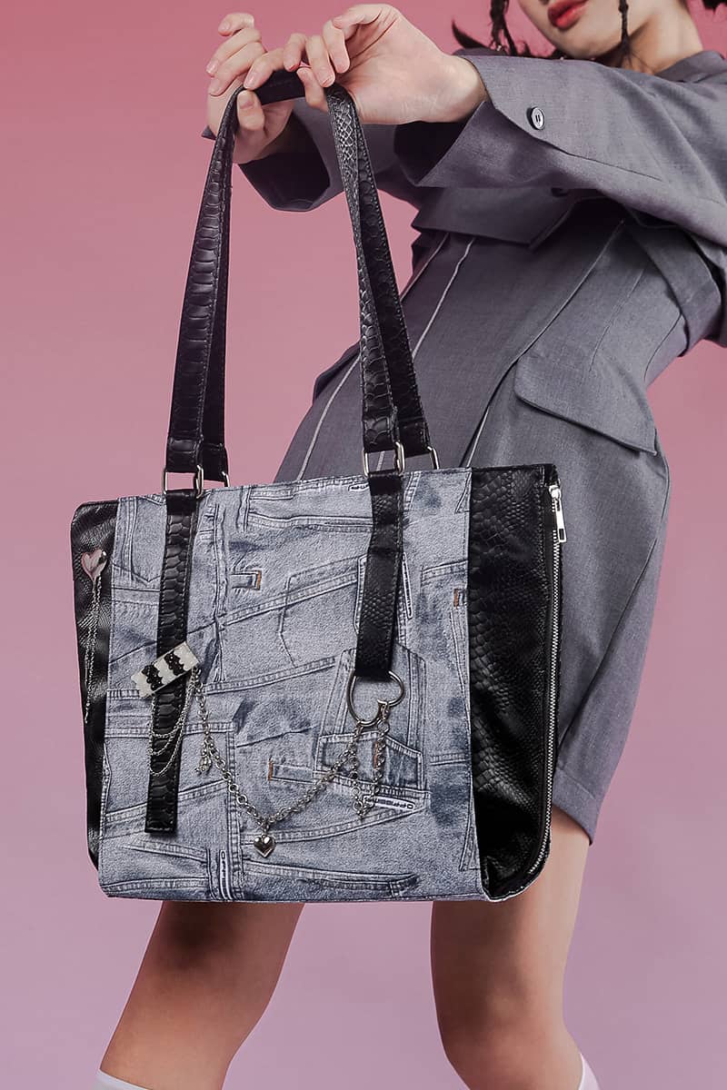 Large-capacity denim print tote bag