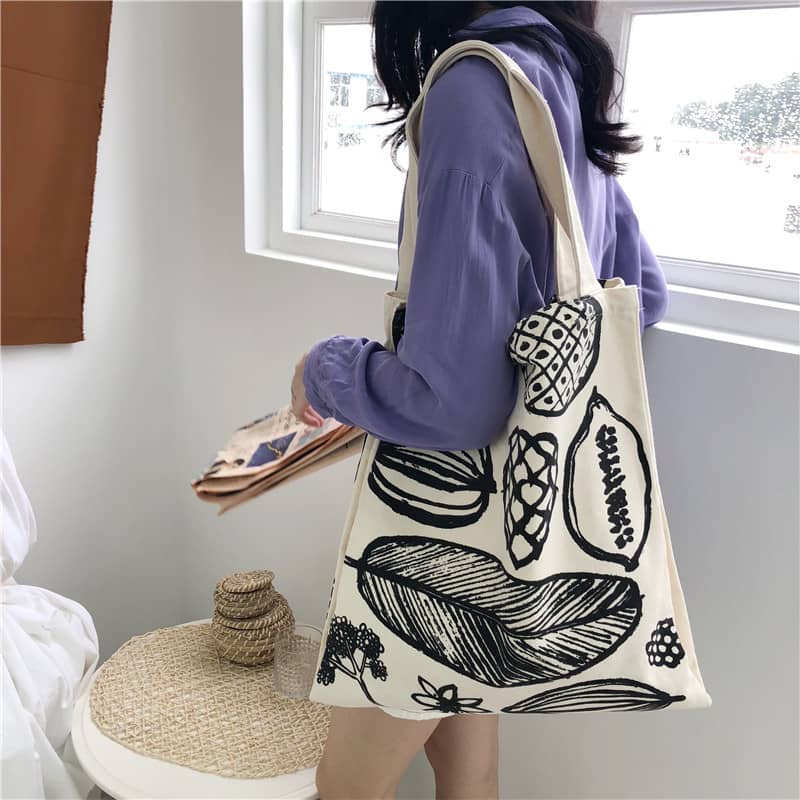 New leaf print thick canvas handbag simple shoulder bag  | YonPop