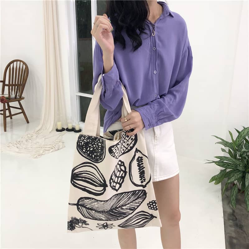 New leaf print thick canvas handbag simple shoulder bag  | YonPop