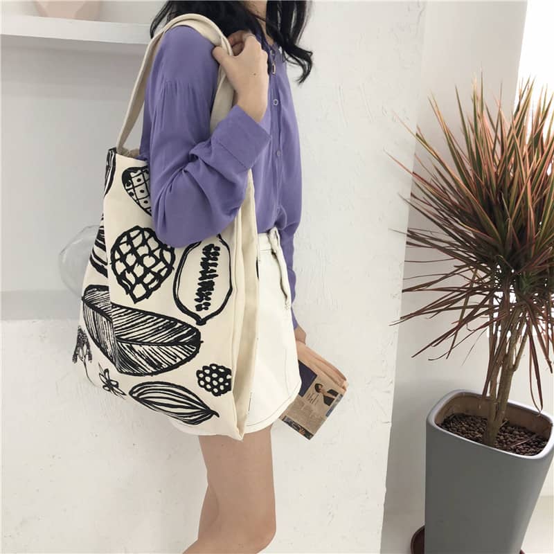 New leaf print thick canvas handbag simple shoulder bag  | YonPop