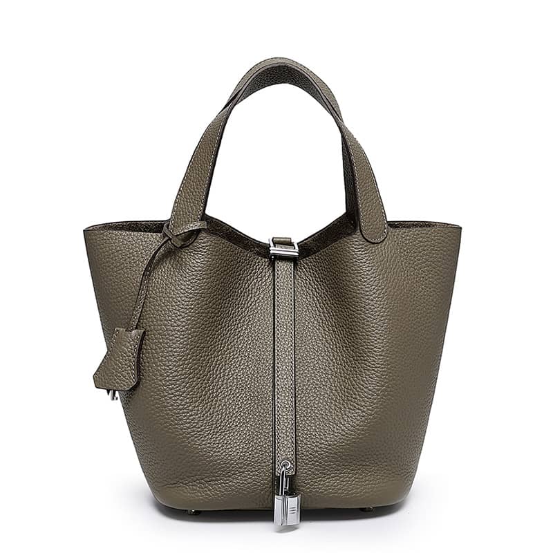 Sac seau en cuir de vachette à couche supérieure à motif litchi