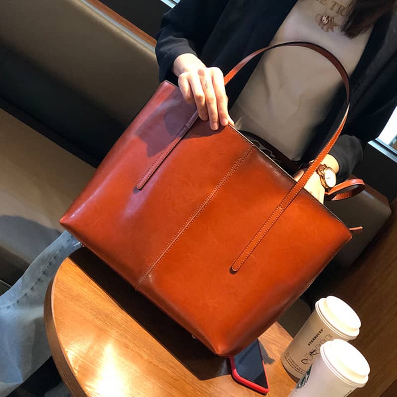 Large capacity portable women's bag fashion retro leather shoulder bag