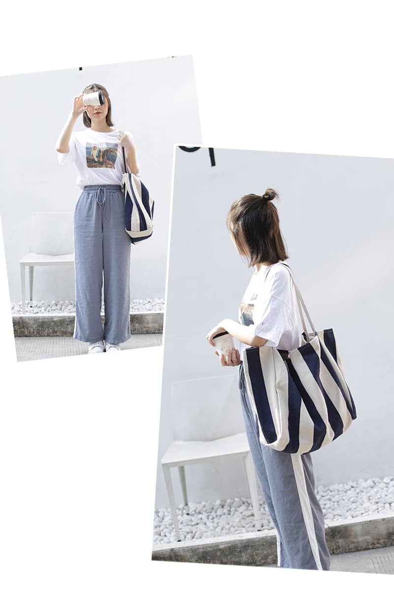 Striped canvas tote large capacity shoulder bag