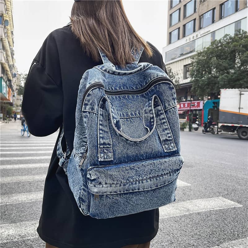 Washed denim bag large capacity shoulder backpack