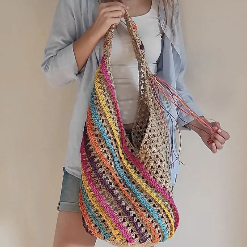 Colorful striped shoulder bag large capacity hand-woven bucket bag