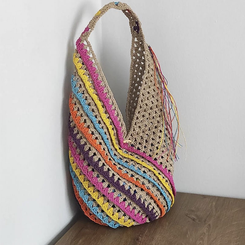 Colorful striped shoulder bag large capacity hand-woven bucket bag
