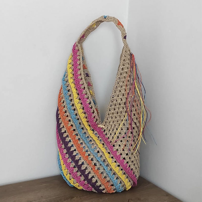 Colorful striped shoulder bag large capacity hand-woven bucket bag