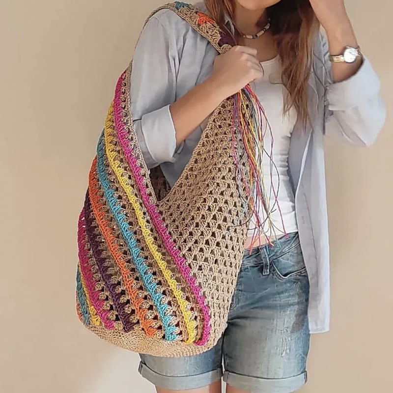 Colorful striped shoulder bag large capacity hand-woven bucket bag