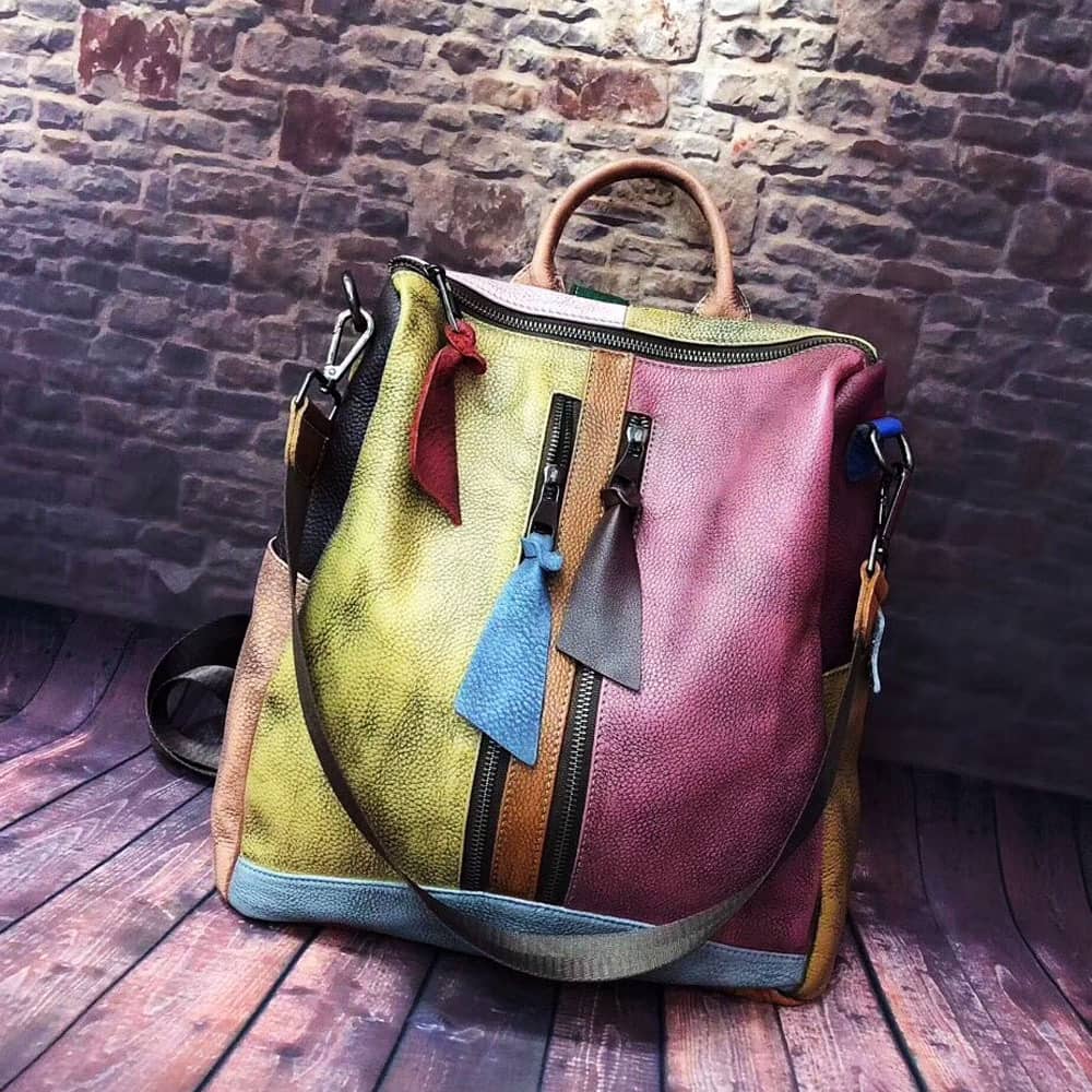 Hand-colored Backpack Contrasting Color Stitching PU Backpack for Women