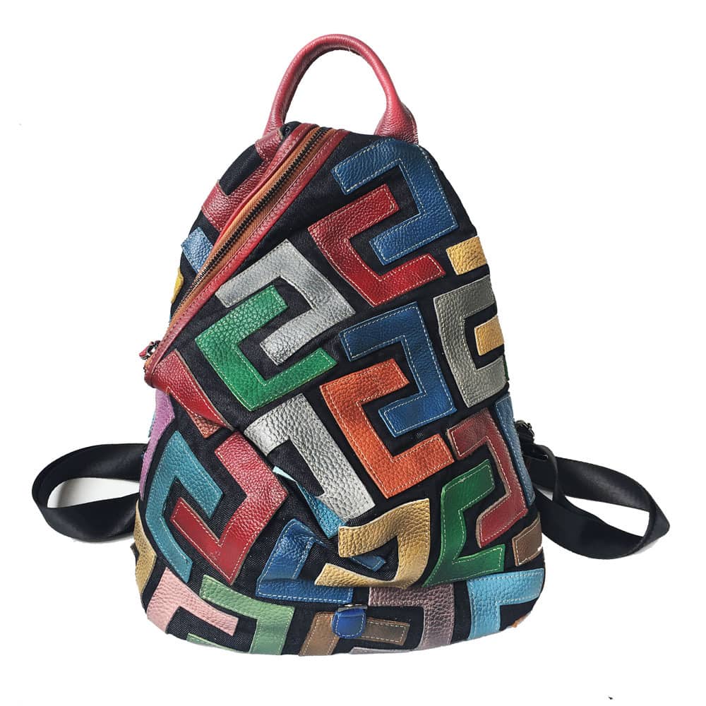 Colorful Genuine Leather Women's Backpack with Cowhide Patchwork