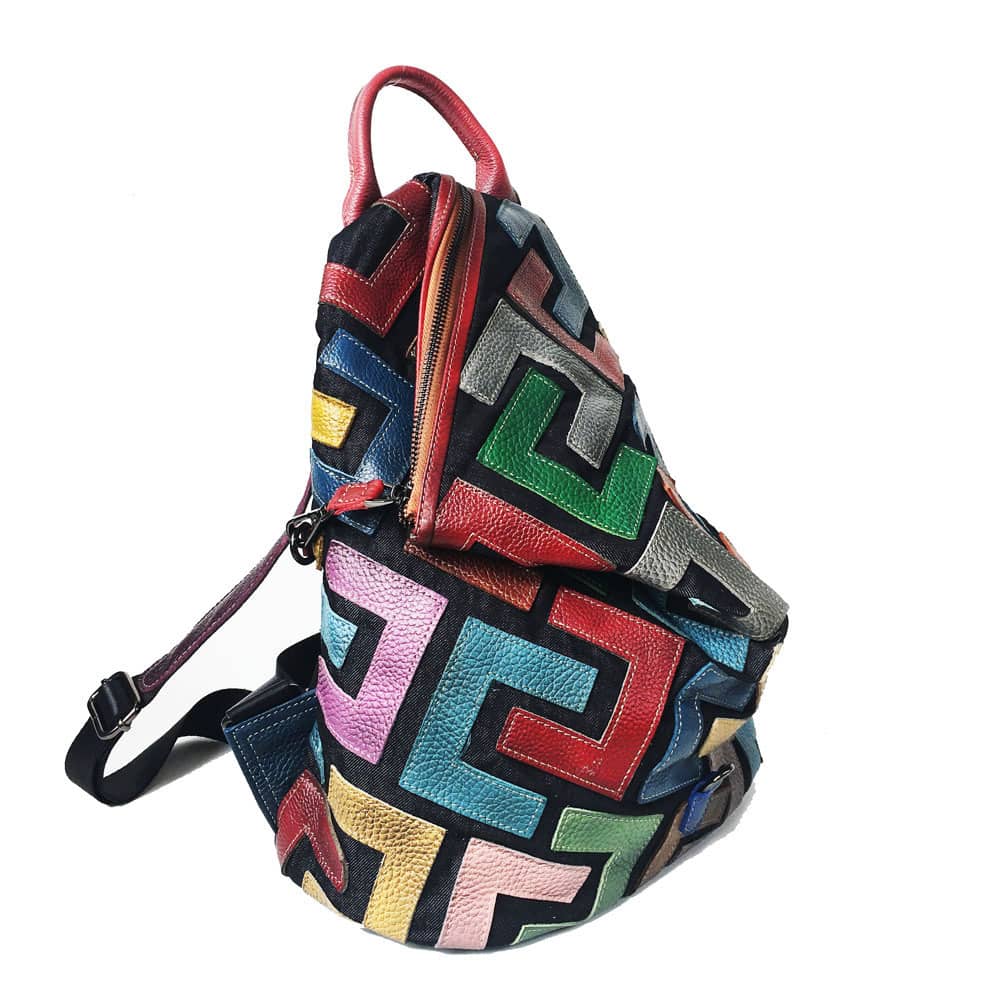 Colorful Genuine Leather Women's Backpack with Cowhide Patchwork