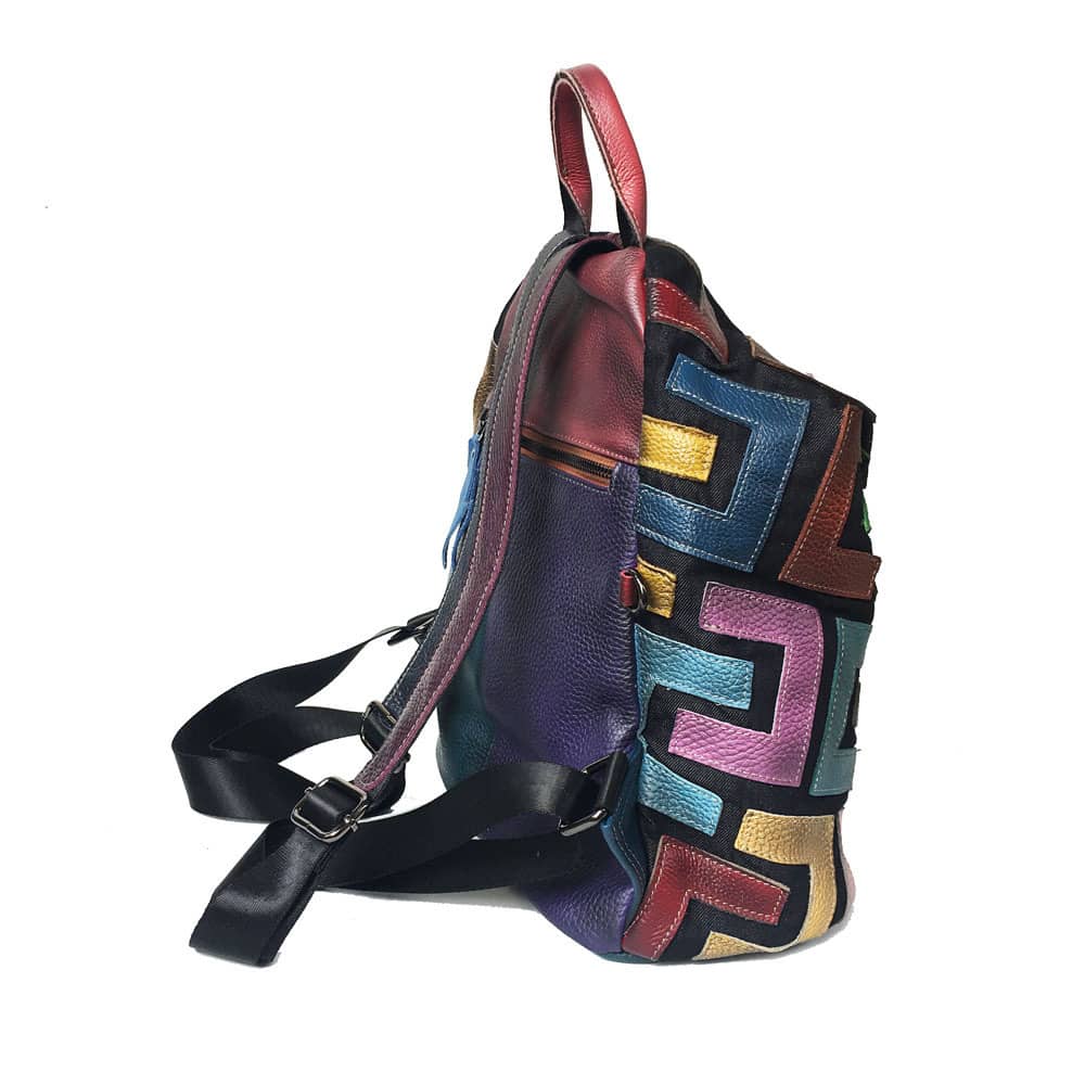 Colorful Genuine Leather Women's Backpack with Cowhide Patchwork