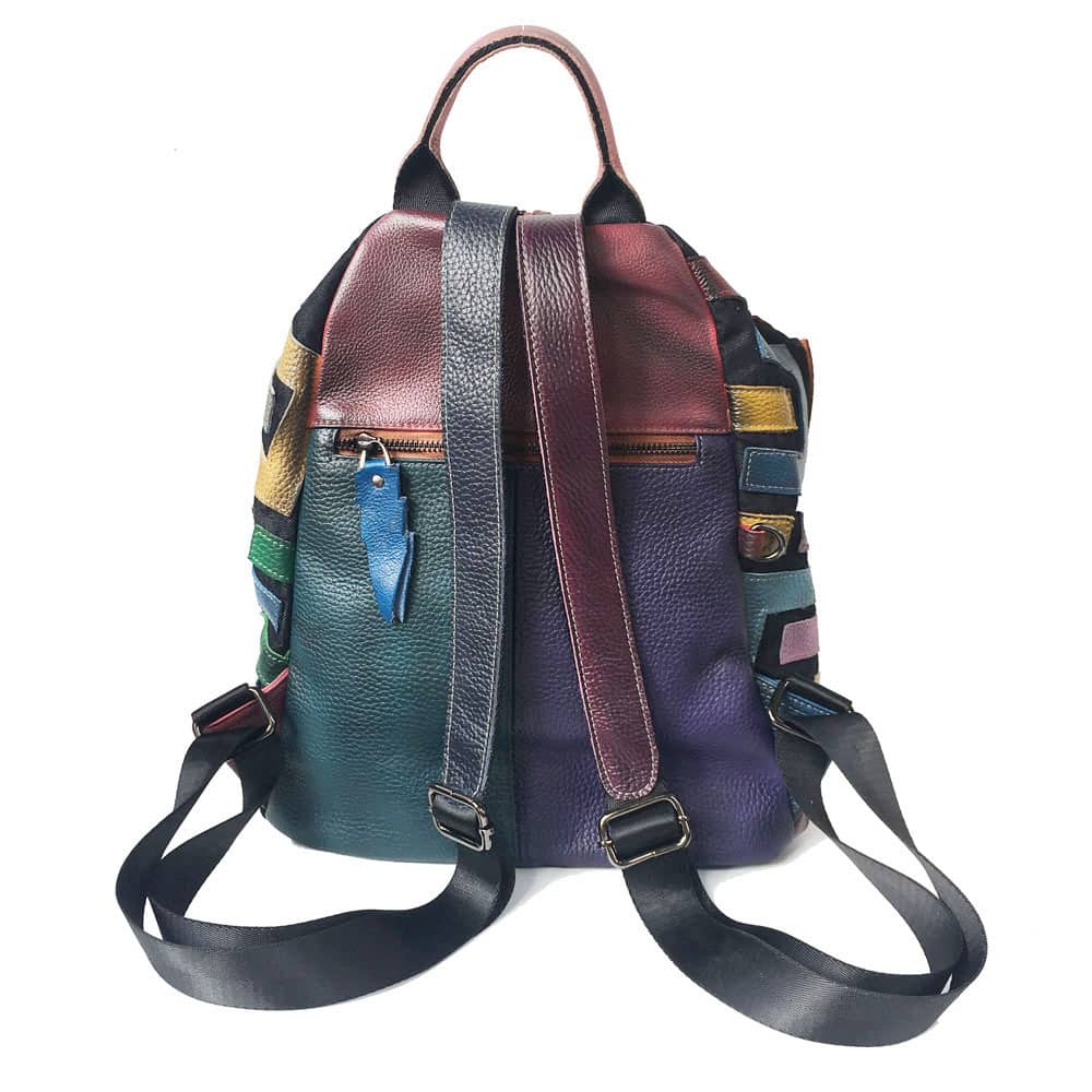 Colorful Genuine Leather Women's Backpack with Cowhide Patchwork