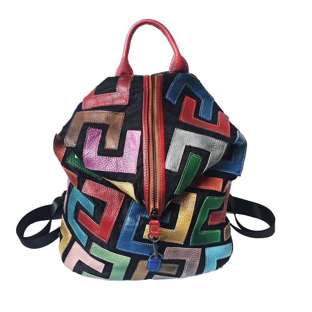 Colorful Genuine Leather Women's Backpack with Cowhide Patchwork