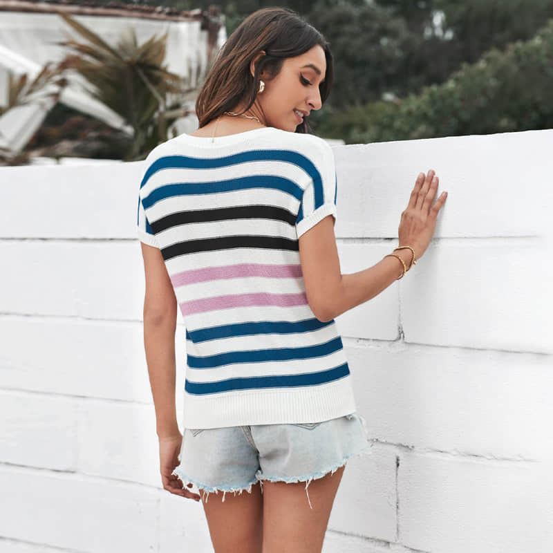 Summer striped knitted short-sleeved top  | YonPop