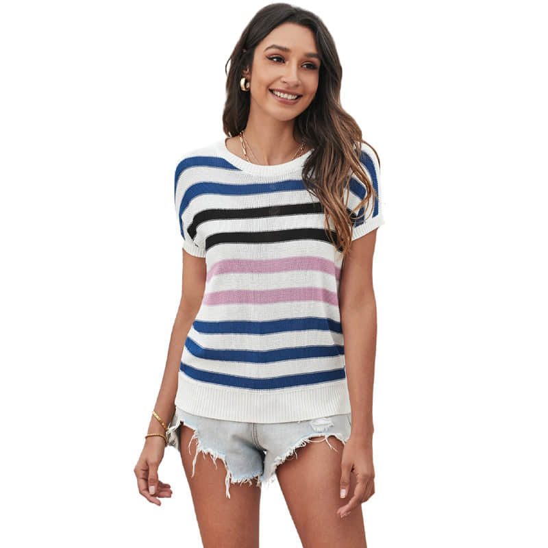 Summer striped knitted short-sleeved top  | YonPop