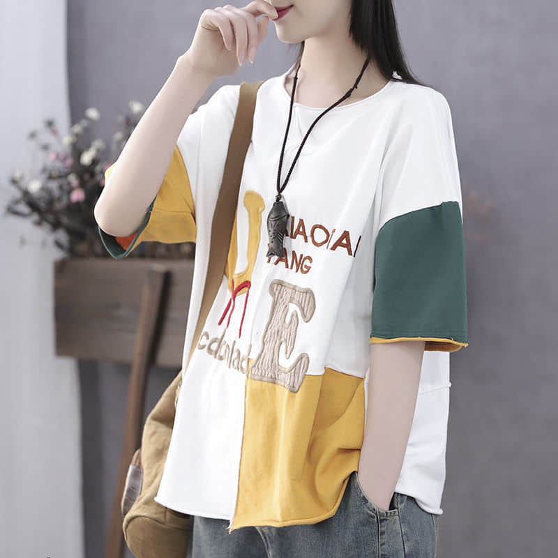 Cotton short-sleeved T-shirt summer plus size stitching top women White / 3XL | YonPop