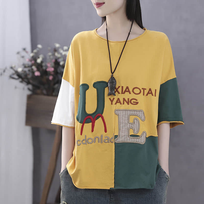 Cotton short-sleeved T-shirt summer plus size stitching top women Yellow / 3XL | YonPop