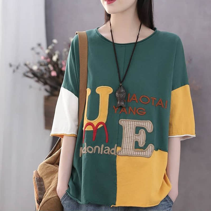 Cotton short-sleeved T-shirt summer plus size stitching top women Green / 3XL | YonPop