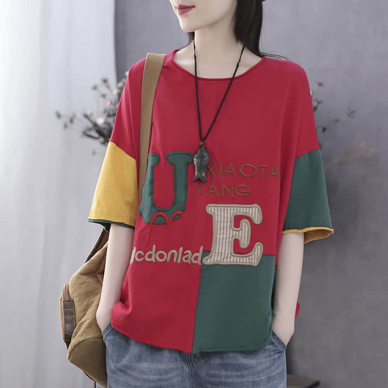 Cotton short-sleeved T-shirt summer plus size stitching top women Red / 3XL | YonPop
