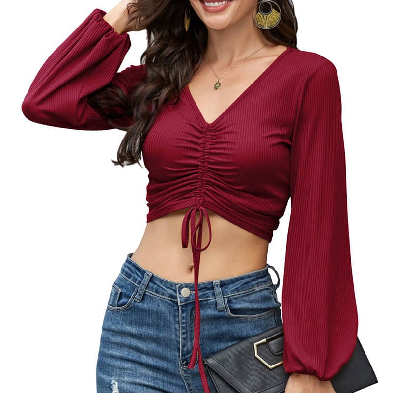 Women's top long sleeve V-neck drawstring T-shirt Red / XL | YonPop